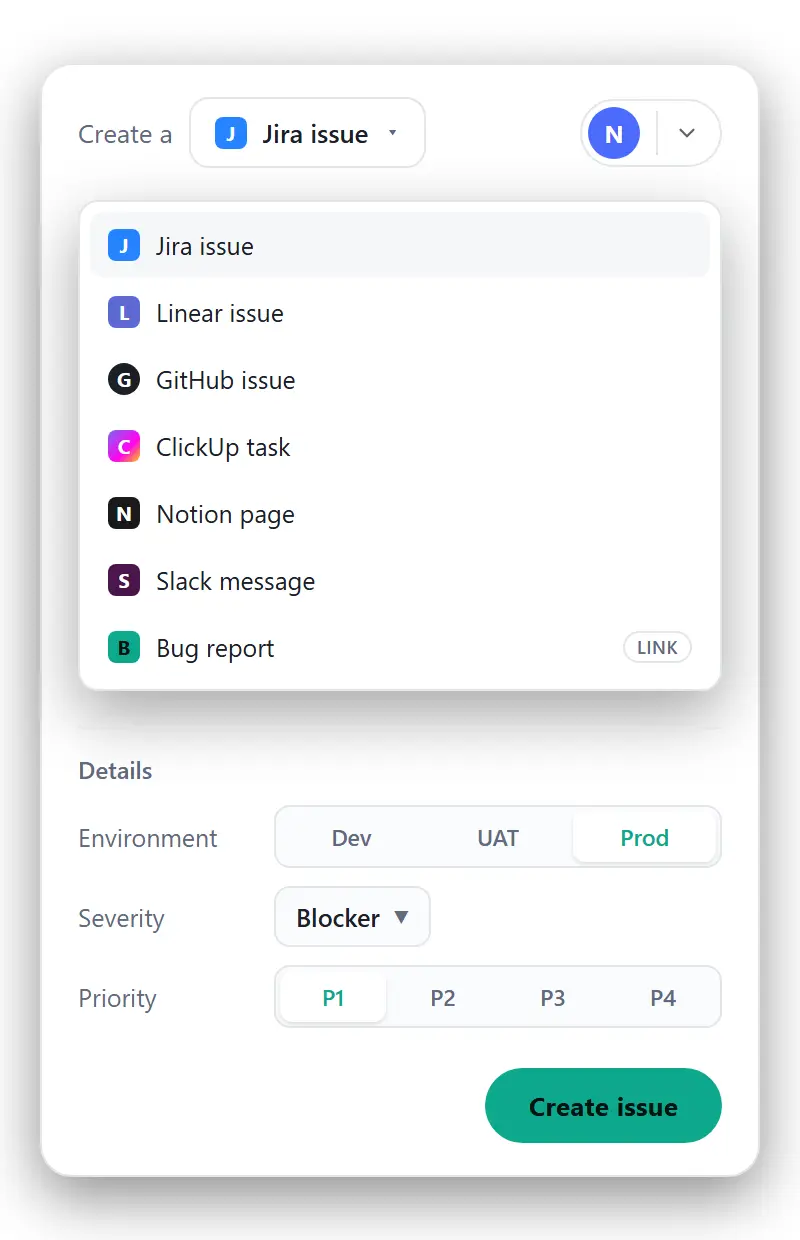 The destination menu, open on all six trackers, with the QA fields below it.