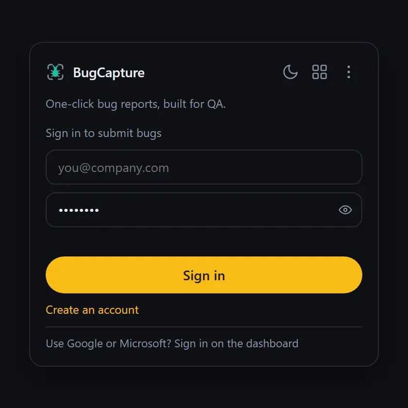 The BugCapture popup, open and ready to capture.