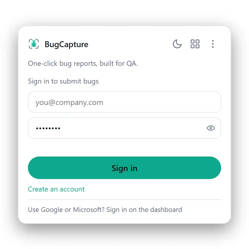 The BugCapture popup, open and ready to capture.