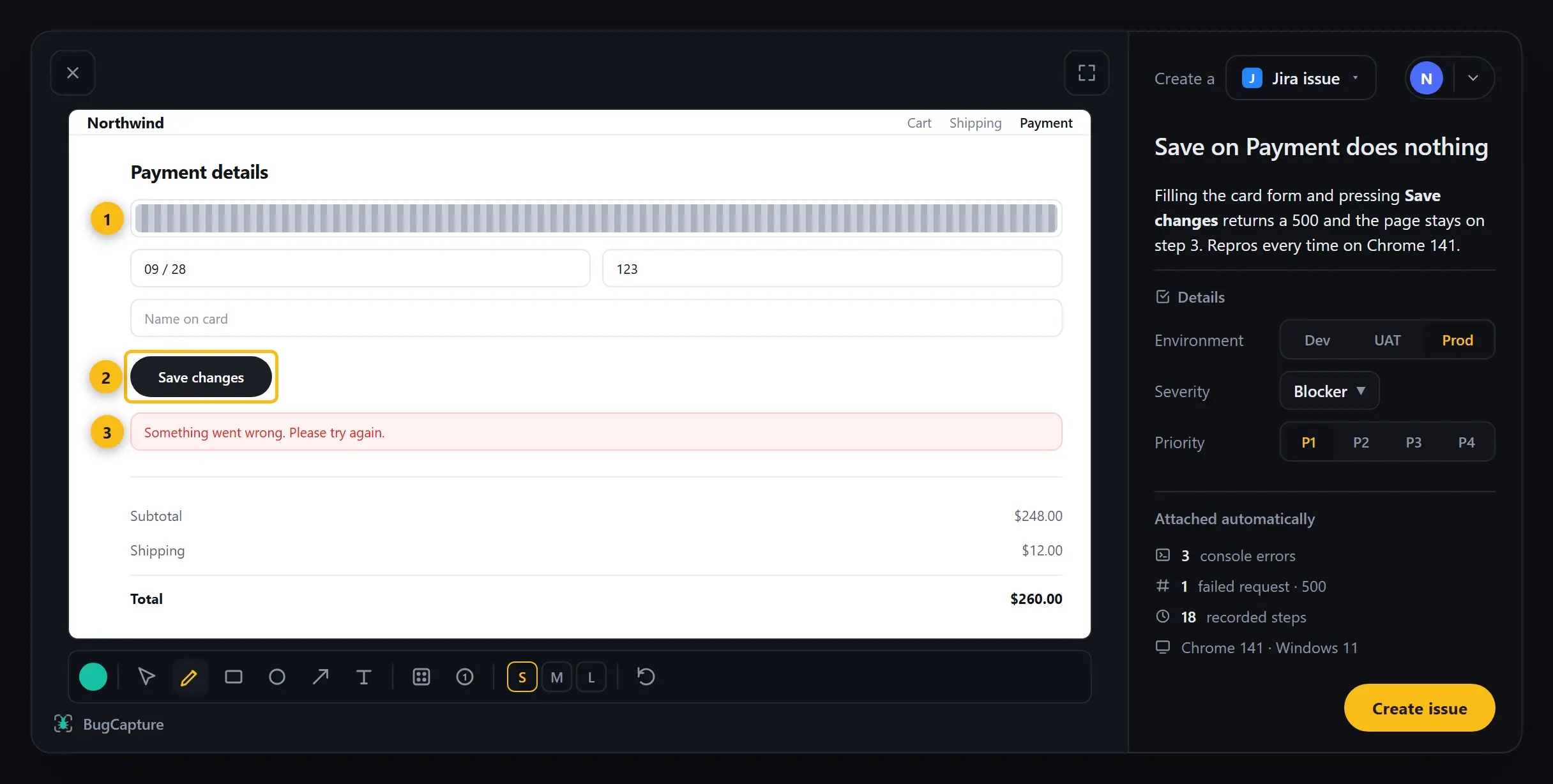 An annotated screenshot with step pins on the left, QA fields and the destination on the right.
