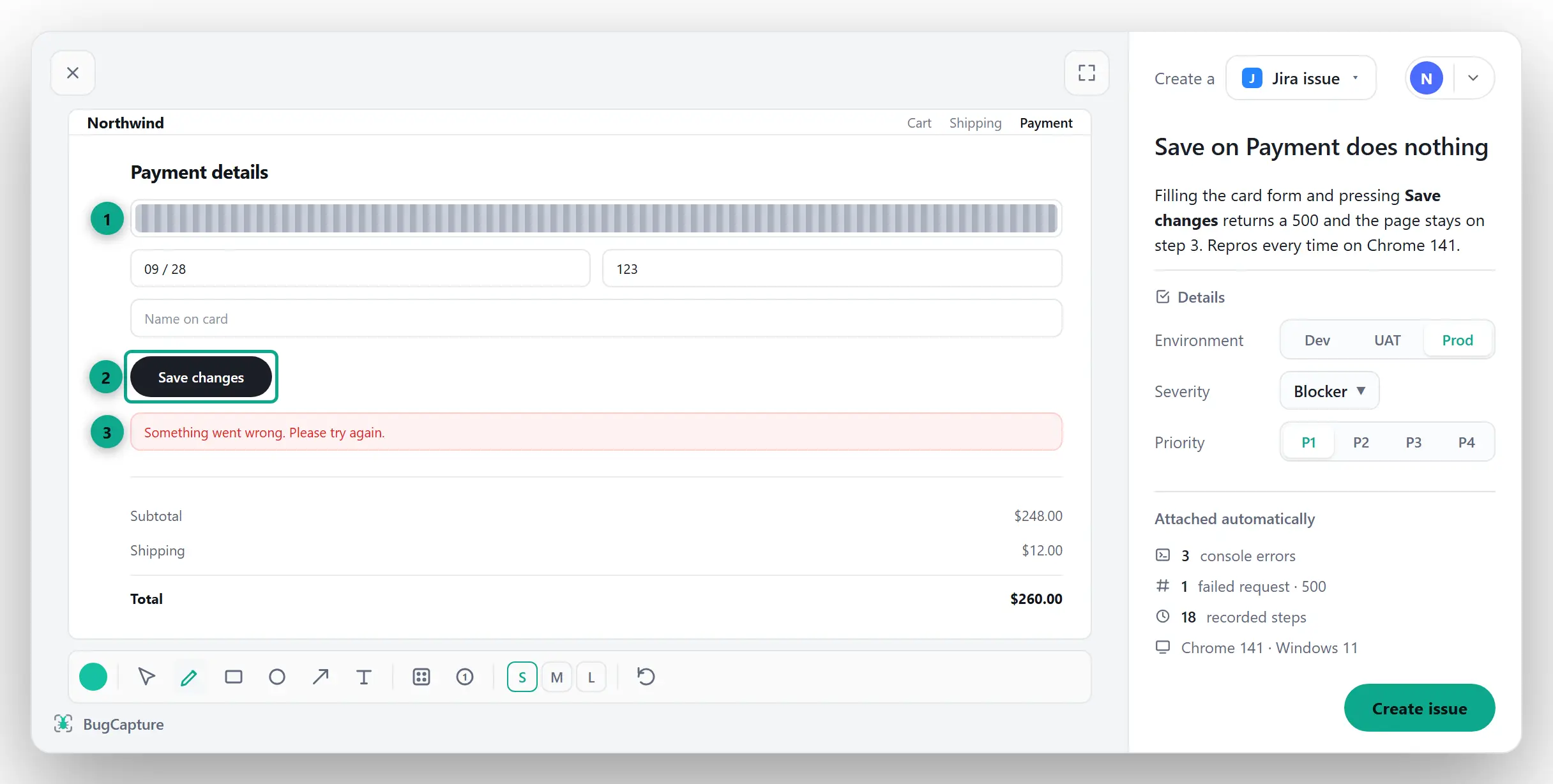An annotated screenshot with step pins on the left, QA fields and the destination on the right.